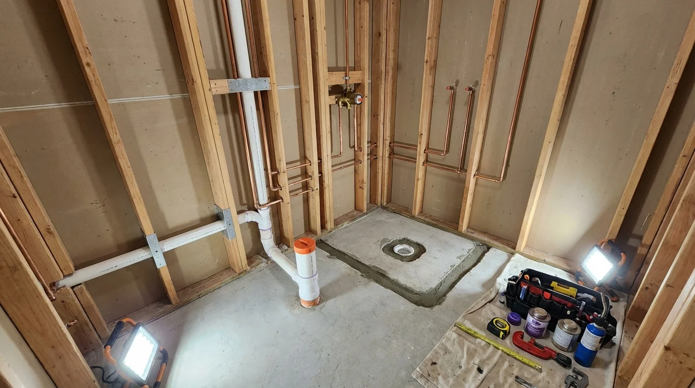 Bathroom rough-in plumbing during remodel by Johns Plumbing LLC in Taunton