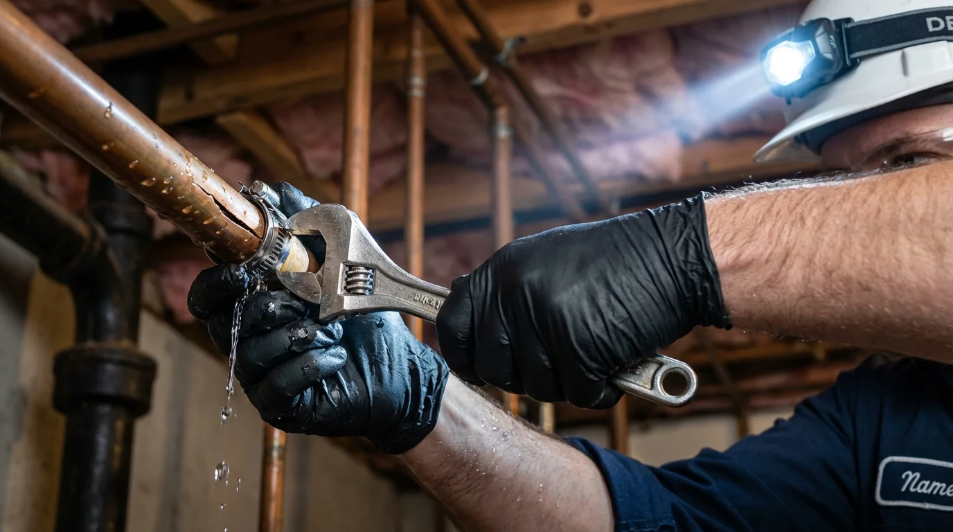 Emergency pipe clamp repair being performed by a Johns Plumbing LLC plumber in Taunton