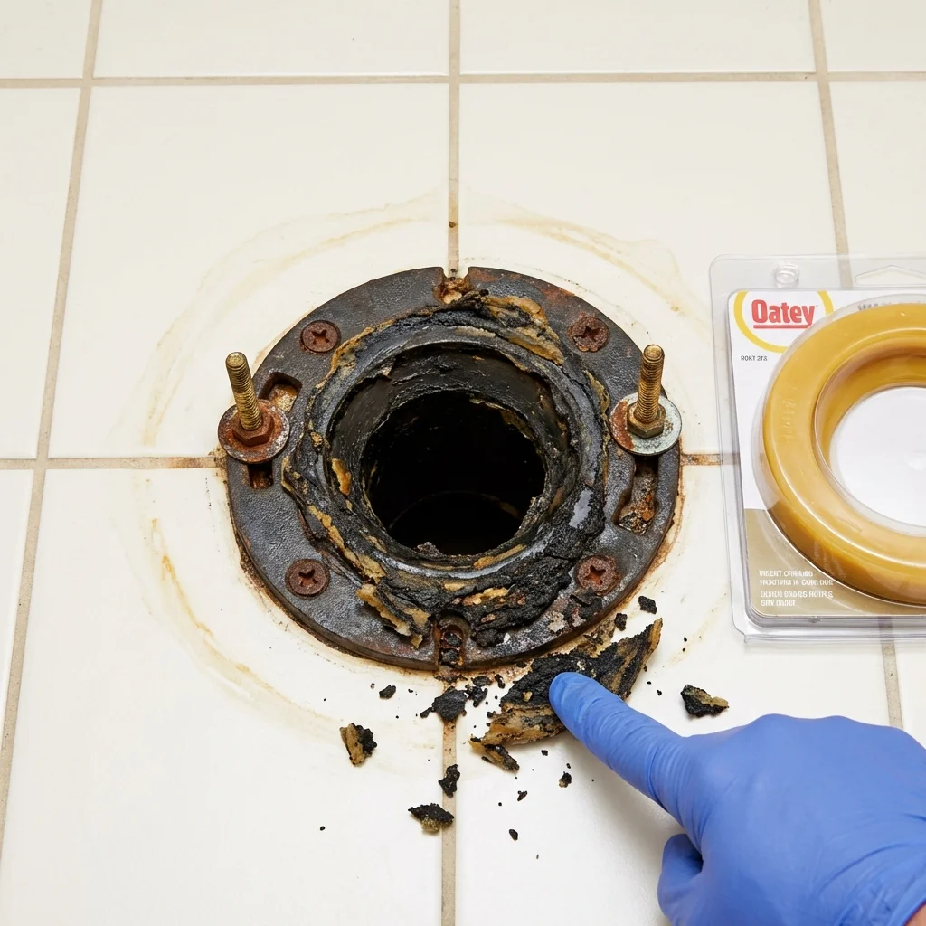 Failed wax ring showing water seepage at the base of a toilet in a Taunton, MA home