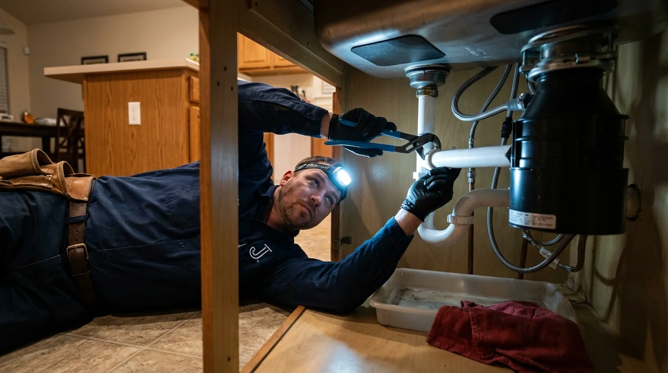 P-trap and supply line connections under a kitchen sink showing a common leak point in Taunton, MA